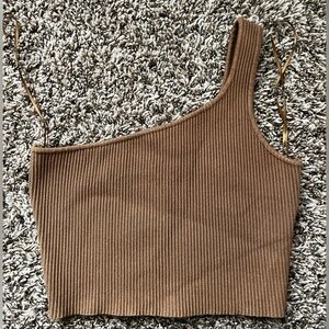 One-Shoulder Ribbed Brown Crop Top